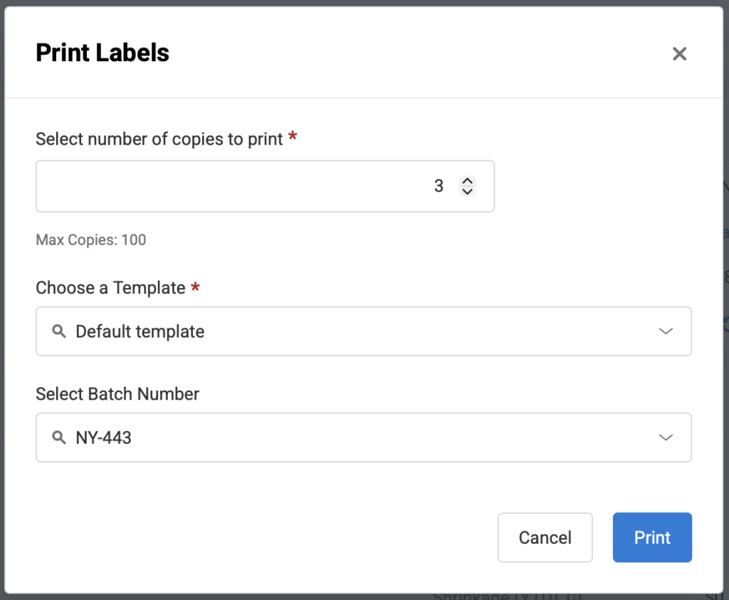 The Print Labels pop-up showing the different settings we can choose from.