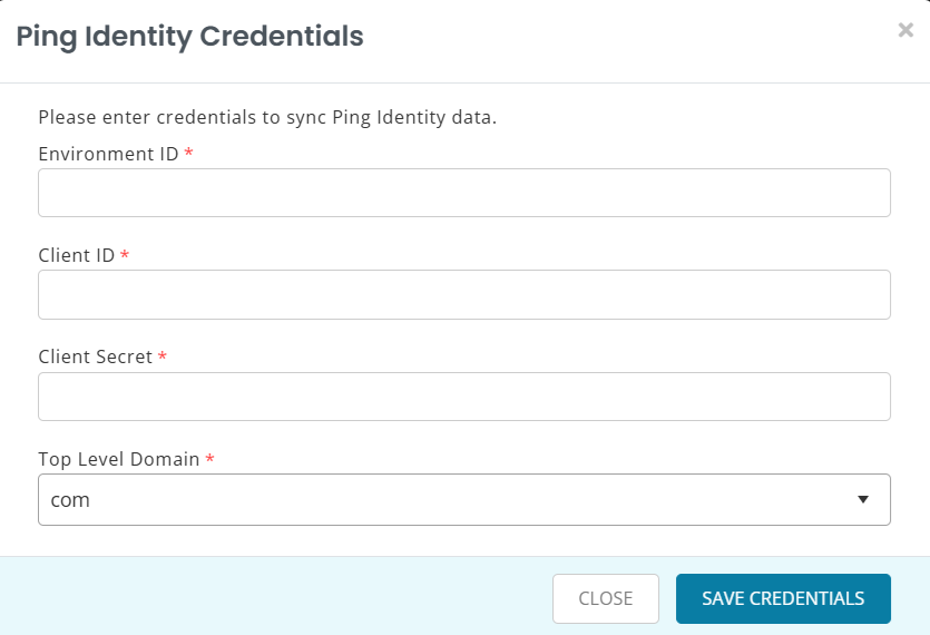 Ping Identity Credentials modal in AssetSonar showing fields for Environment ID, Client ID, Client Secret, and Top Level Domain, with a Save Credentials button.
