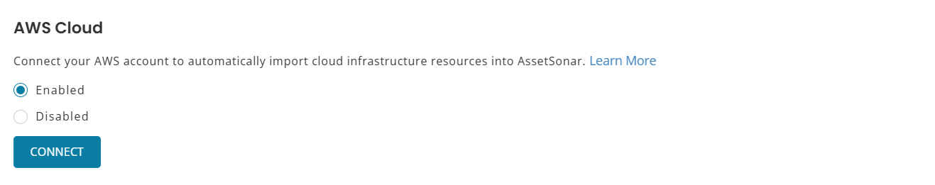 AssetSonar AWS Cloud settings showing the integration enabled with a Connect button.