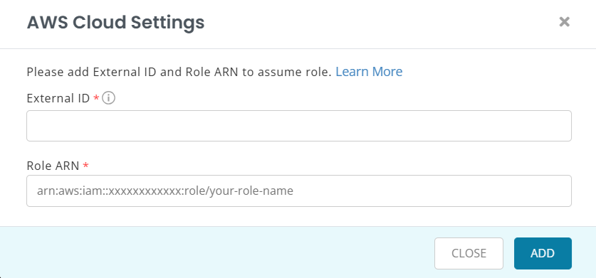 AssetSonar AWS Cloud Settings modal showing fields for External ID and Role ARN.