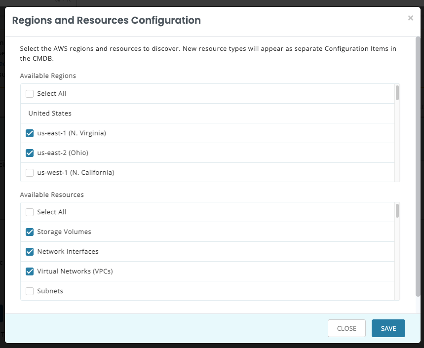 AssetSonar Regions and Resources Configuration modal showing selected AWS regions and resource types.