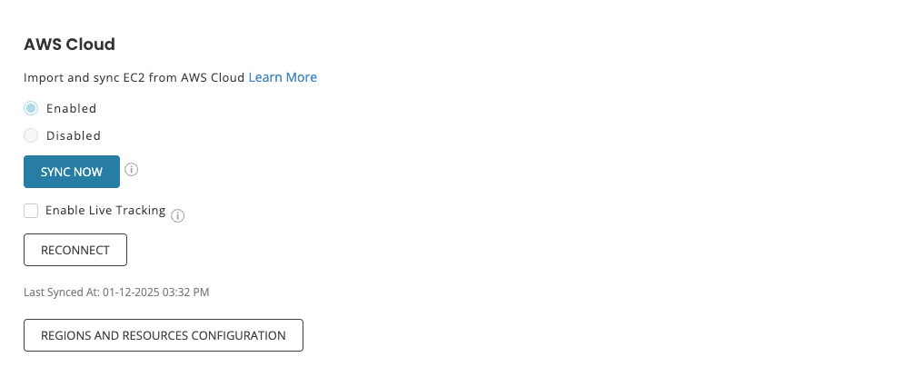 AssetSonar AWS Cloud settings showing Sync Now, live tracking, last synced time, and regions configuration options.