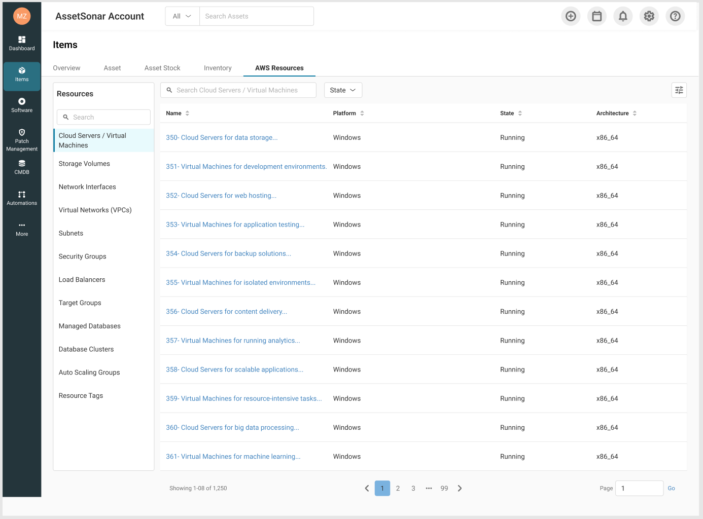 AssetSonar AWS Resources tab showing imported cloud servers and virtual machines with state and architecture details.
