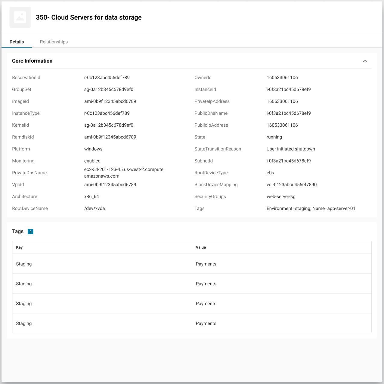 AssetSonar AWS resource detail page showing configuration information and resource tags for a cloud server.