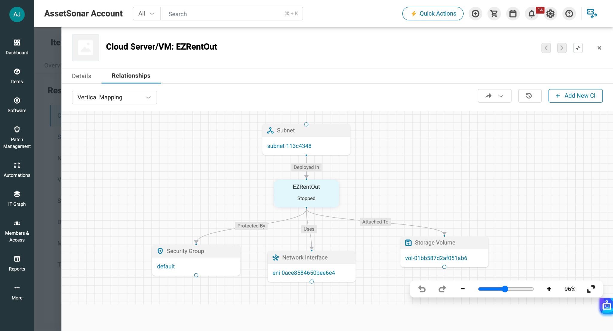 AssetSonar AWS resource Relationships tab showing connected cloud resources in a visual dependency map.