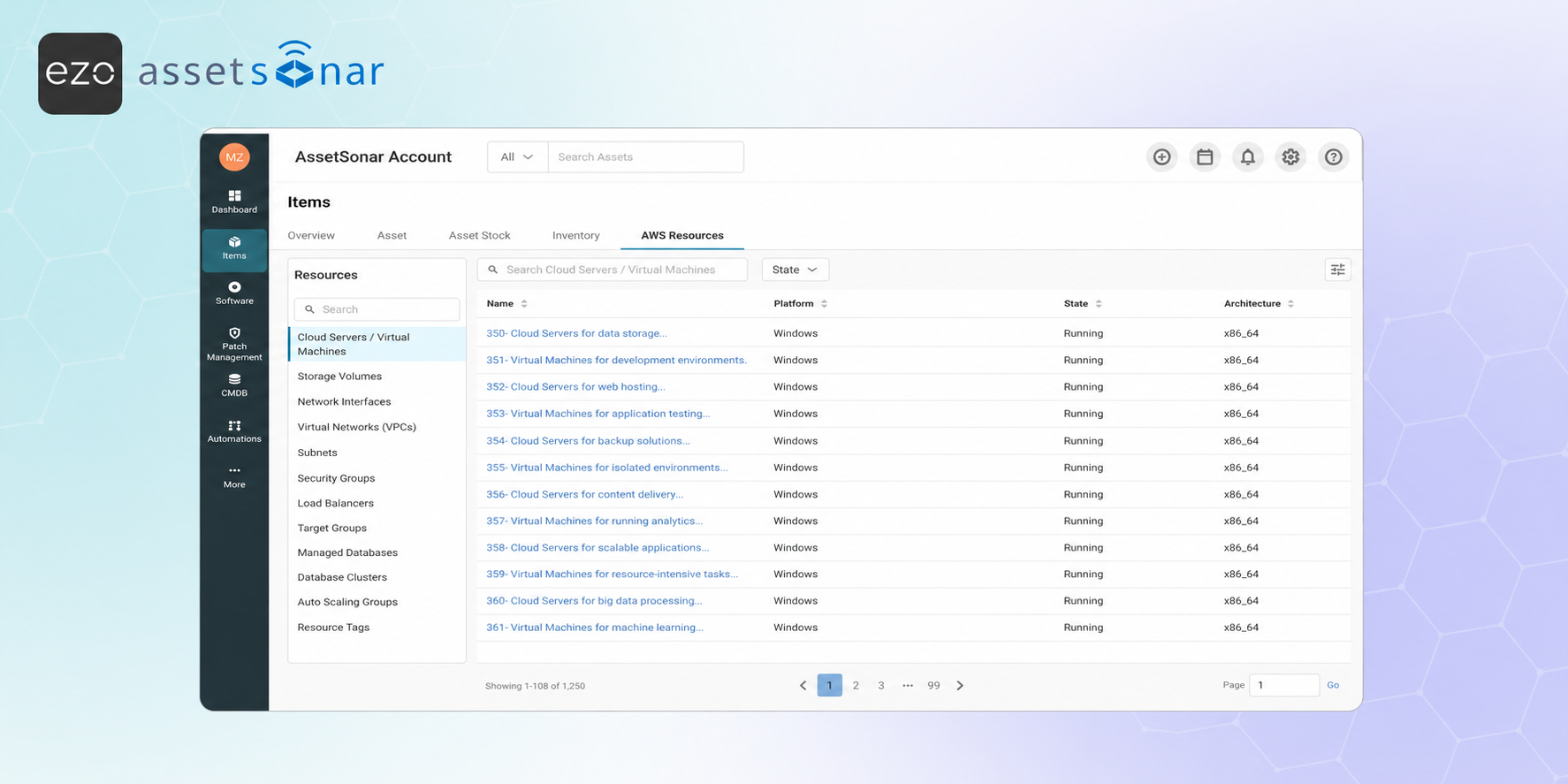 AssetSonar AWS Resources tab showing imported cloud servers and virtual machines with resource categories, state, and architecture details.