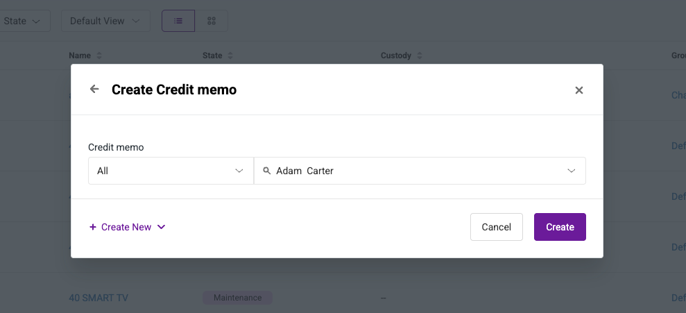 Create Credit Memo pop-up with customer search field and Create button.