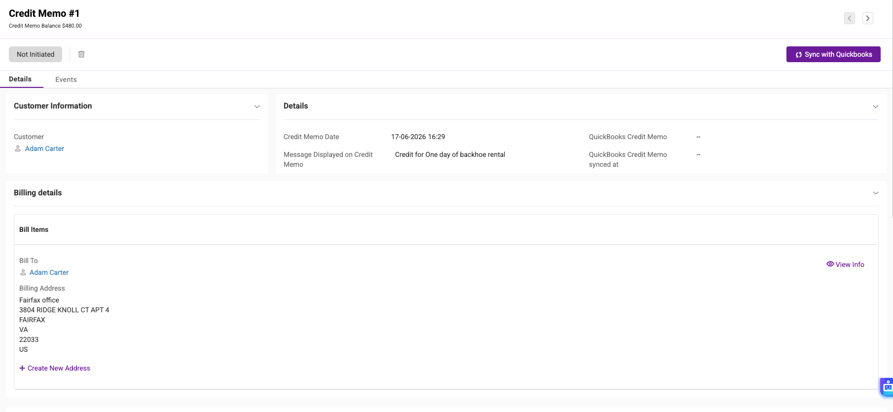 Credit memo details page showing customer information, billing details, credit memo date, and message field.