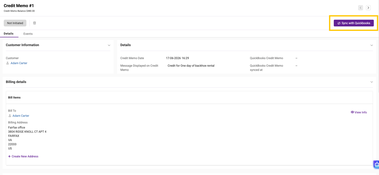 Sync to QuickBooks button on a credit memo details page in EZRentOut.