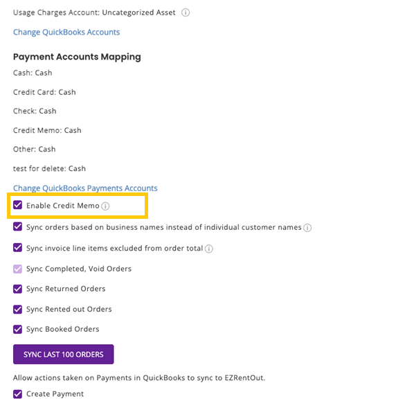 Enable Credit Memo checkbox selected in QuickBooks Online integration settings in EZRentOut.