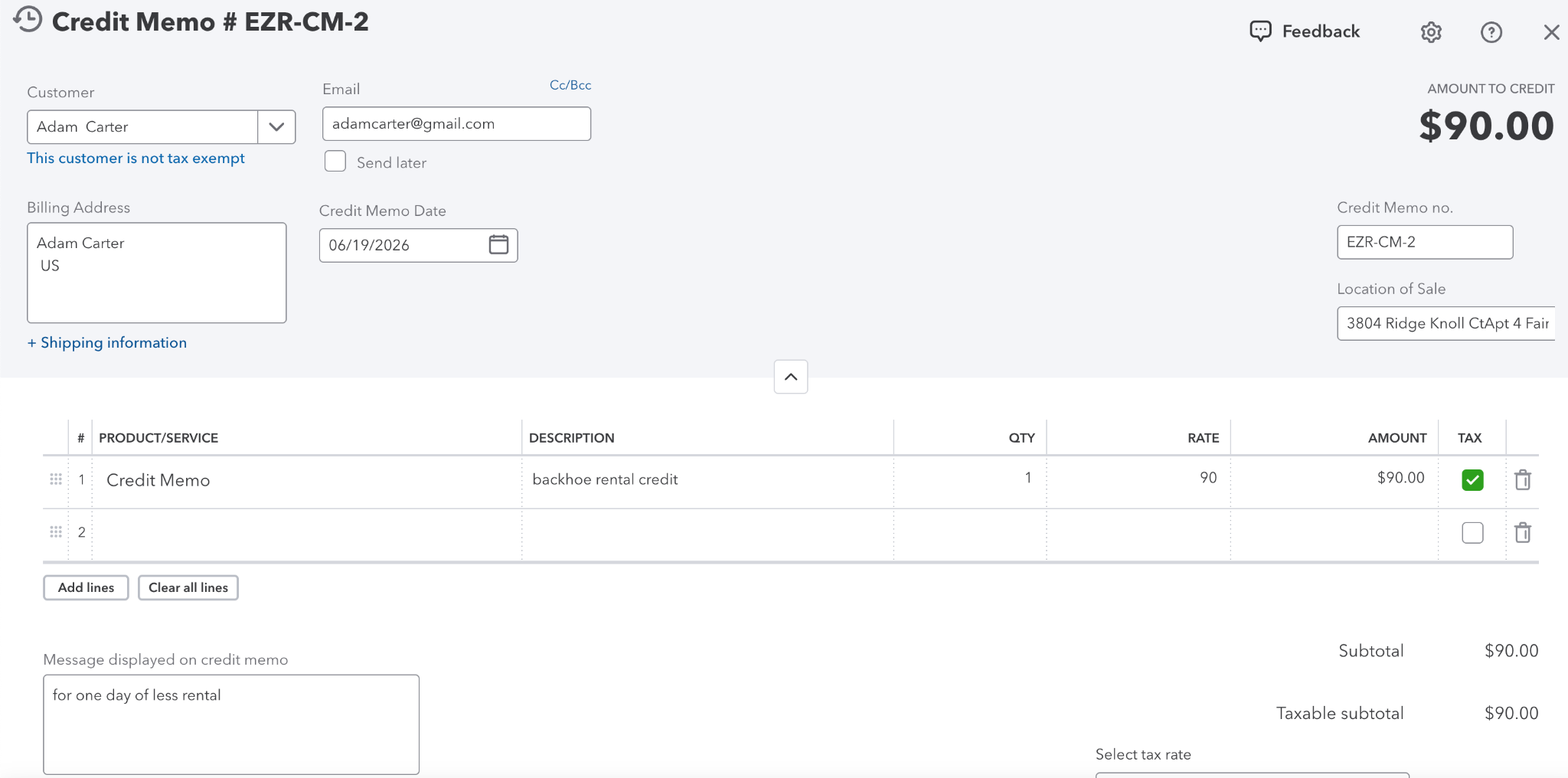 Synced credit memo in QuickBooks Online showing customer details, credit memo number, line item, and amount to credit.