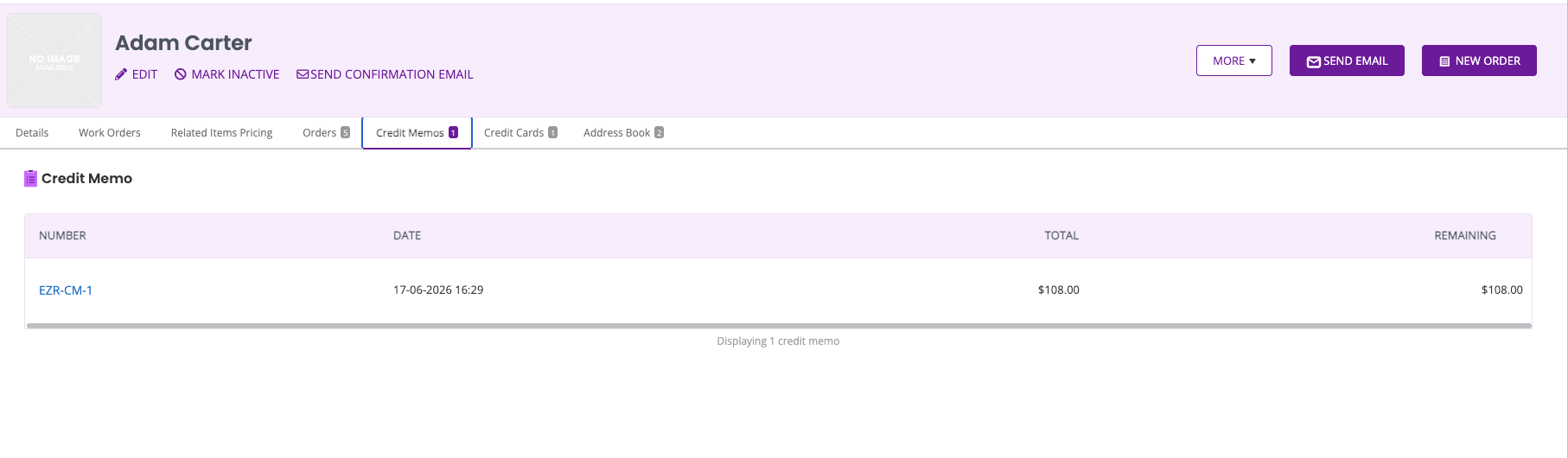 Customer detail page with Credit Memo tab listing credit memo number, date, total, and remaining credit.