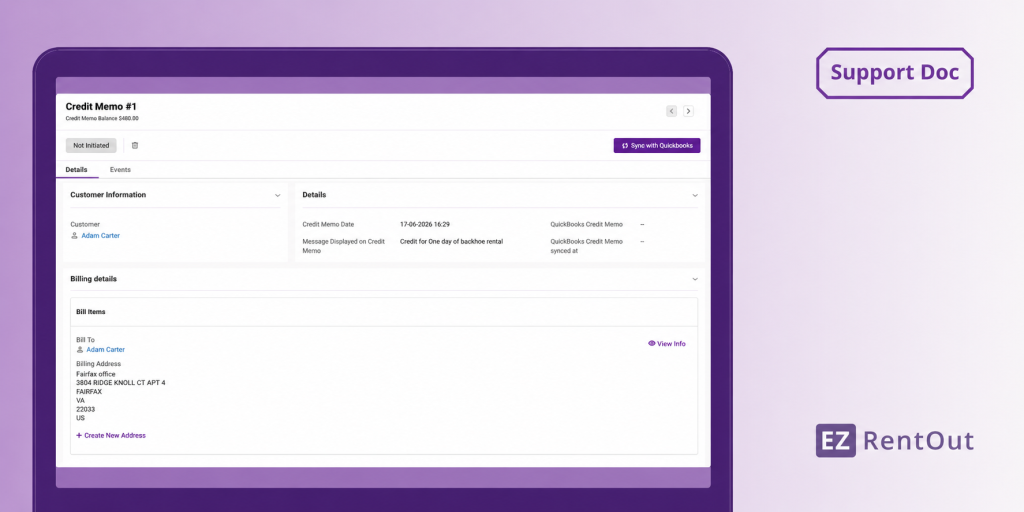 EZRentOut support banner showing a credit memo page with a Sync with QuickBooks button, representing credit memo creation and syncing with QuickBooks Online.