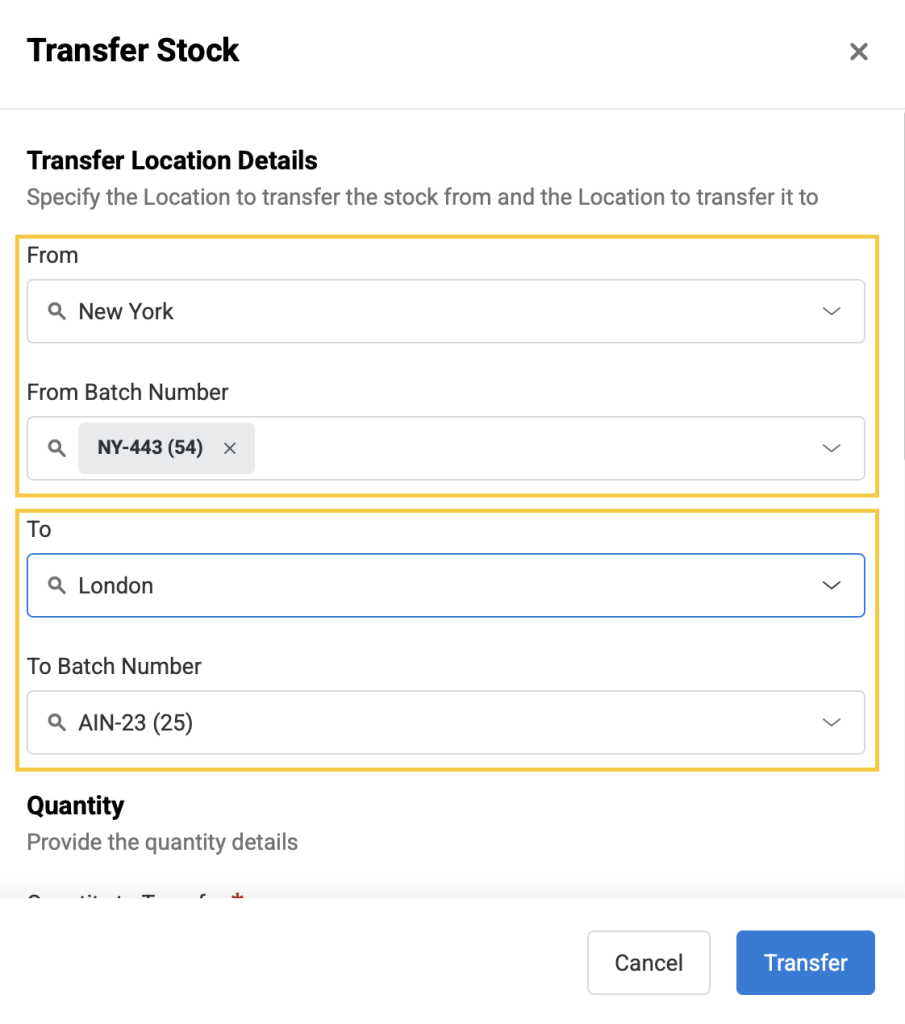 Transfer stock pop-up showing the source and destination fields.