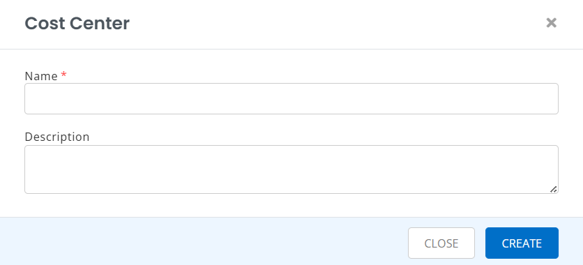 Cost Center creation pop-up with fields for name and description in EZO.