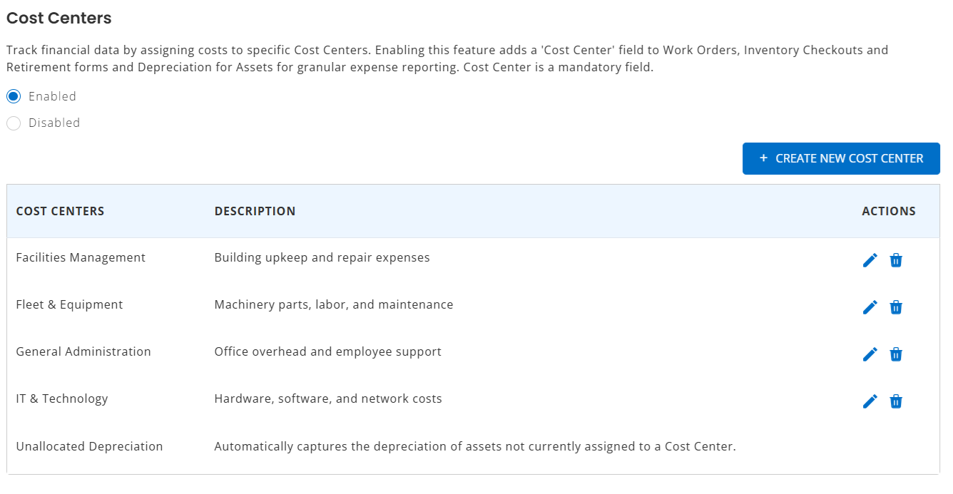 Cost Centers setting enabled in EZO with default cost centers listed in the settings table.