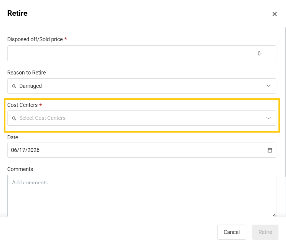 Retire item form showing the Cost Center field for assigning retirement activity in EZO.