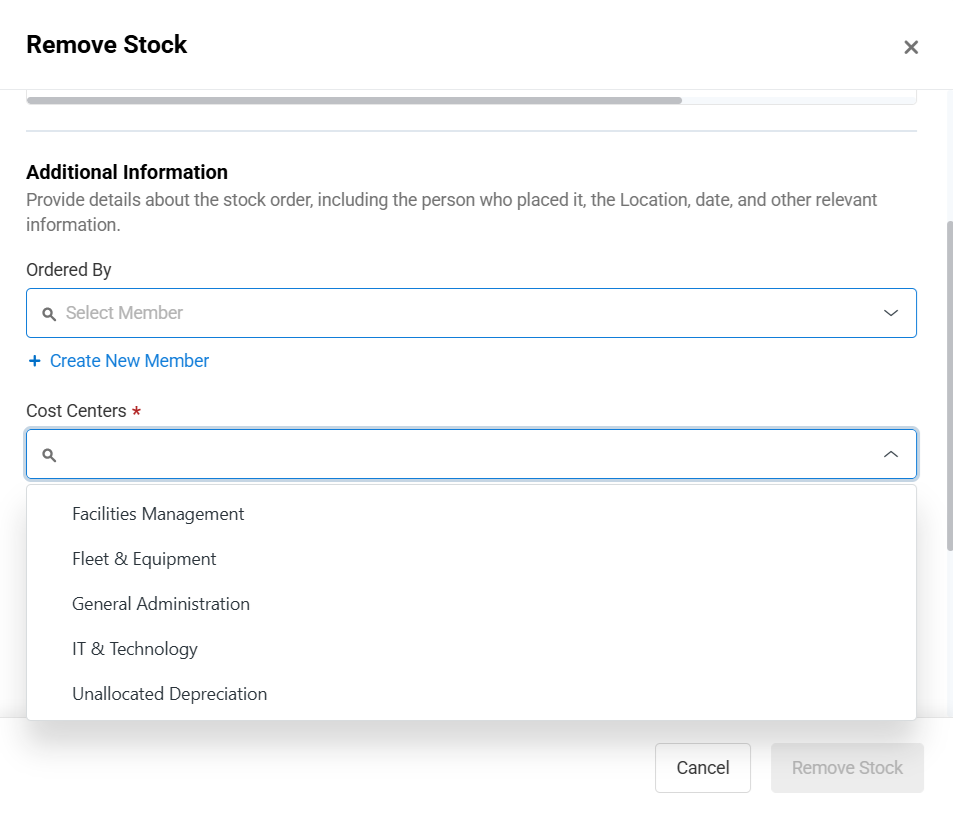 Remove Stock form showing the Cost Center dropdown for assigning inventory checkout costs in EZO.