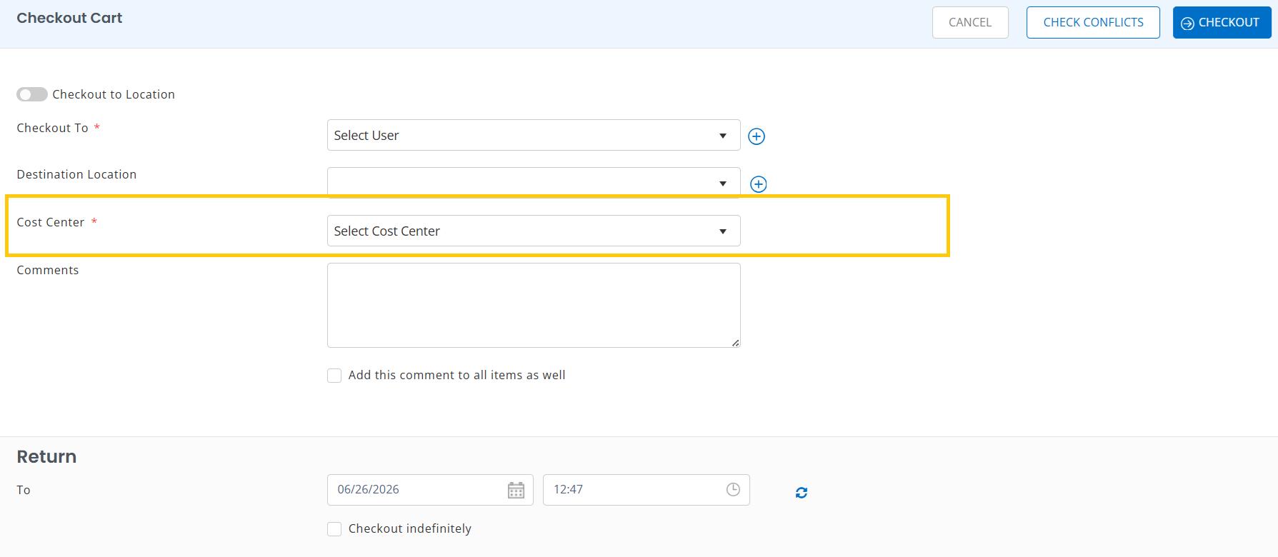 Checkout Cart form showing the Cost Center field for assigning cart checkout costs in EZO.