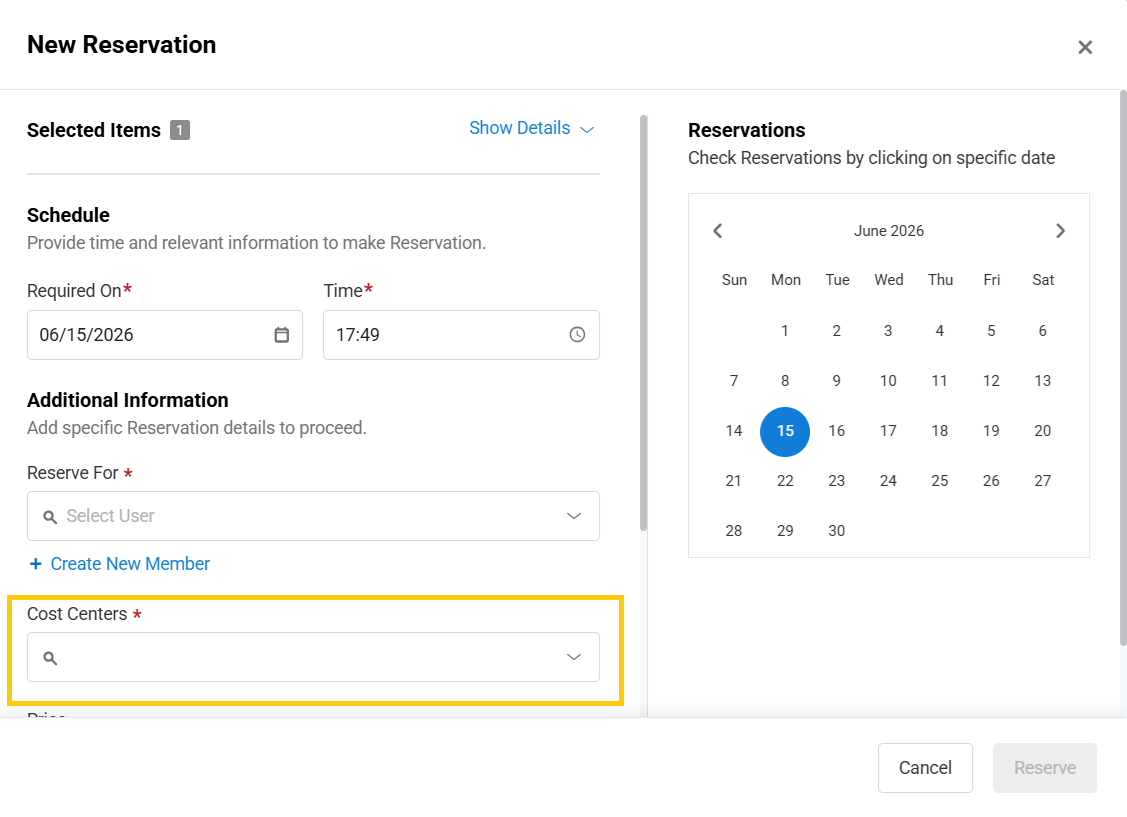 New Reservation form showing the Cost Center field for inventory reservations in EZO.