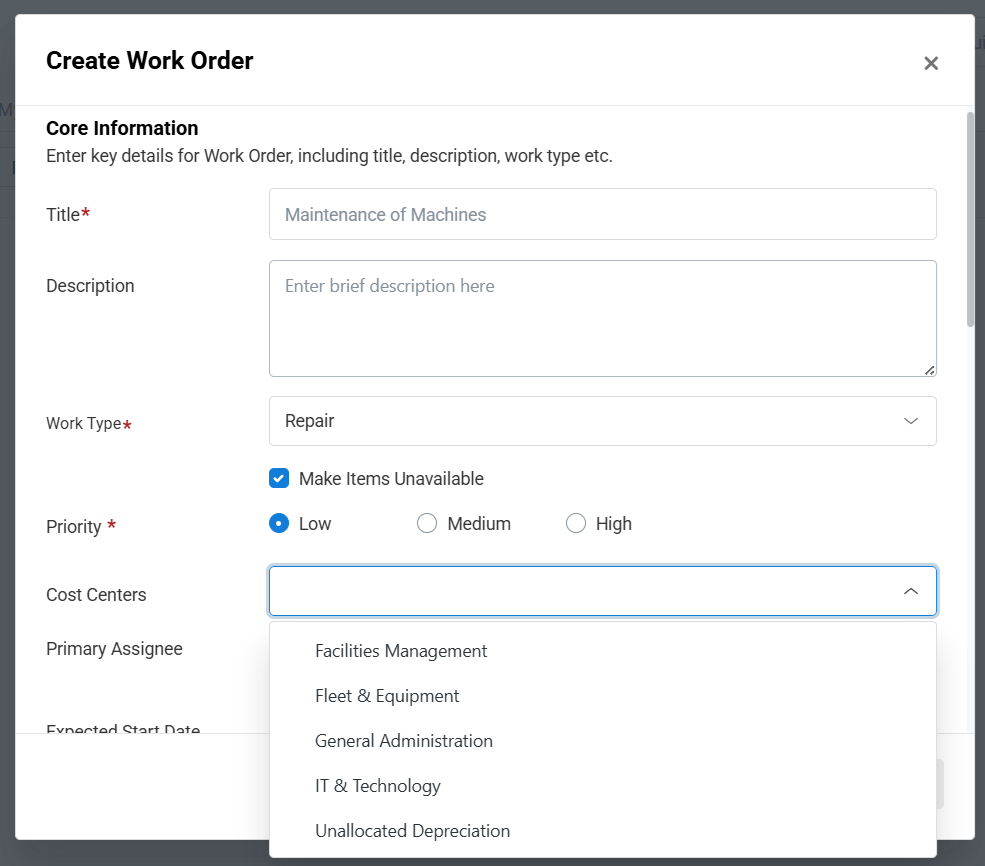 Create New Cost Center button highlighted in the Cost Centers settings table in EZO.