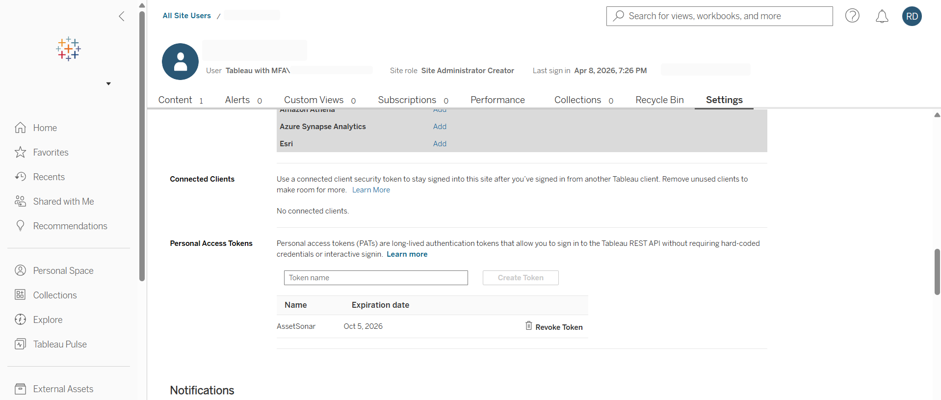 Tableau Account Settings page showing the Personal Access Tokens section with a token created for AssetSonar.