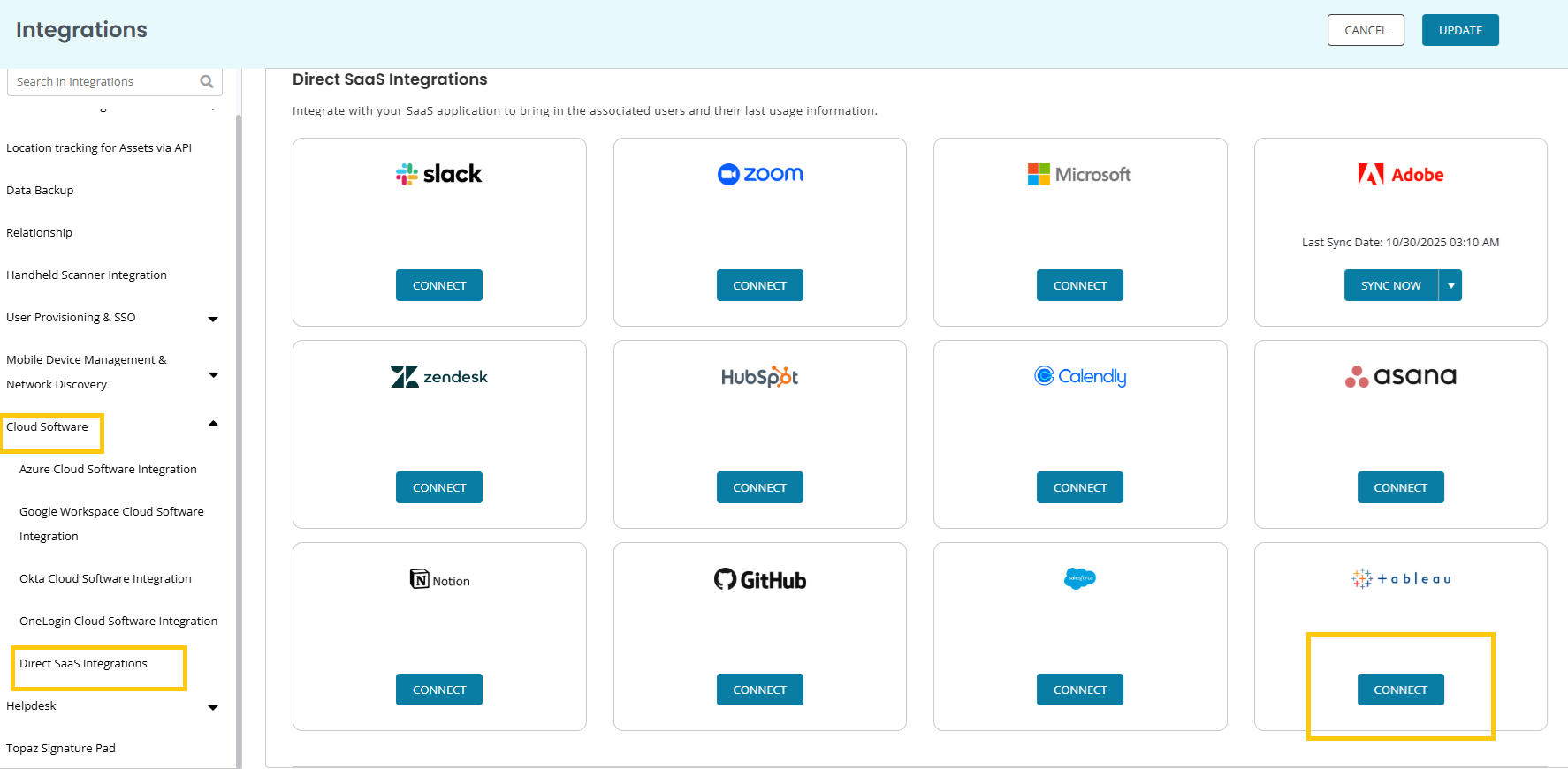 AssetSonar Tableau Integration Settings modal showing required fields for Tableau URL, Token Name, and Token Secret.