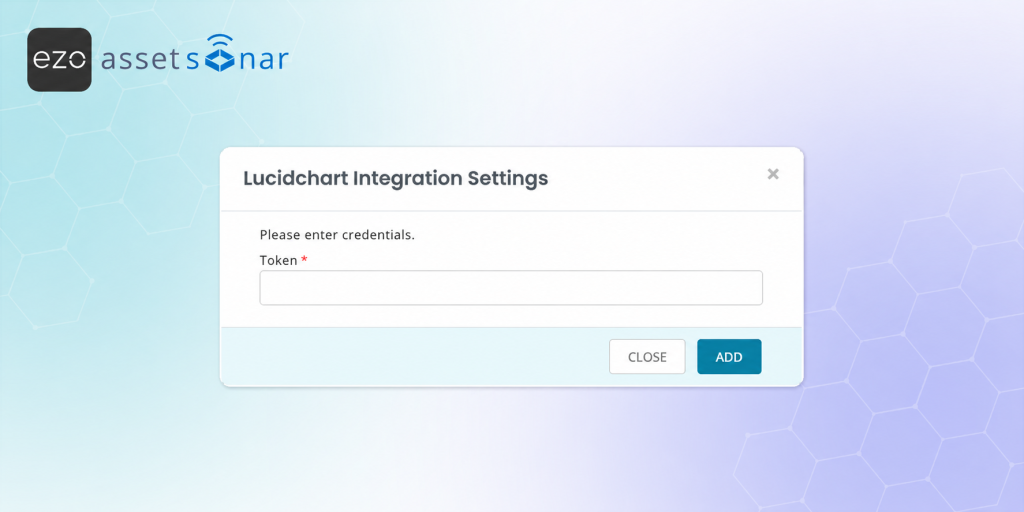 AssetSonar Lucidchart Integration Settings modal showing a required Token field for connecting Lucidchart with AssetSonar.