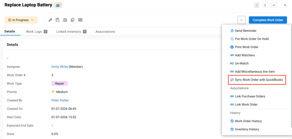 Work Orders page showing the option to Sync Work Orders with QuickBooks Online