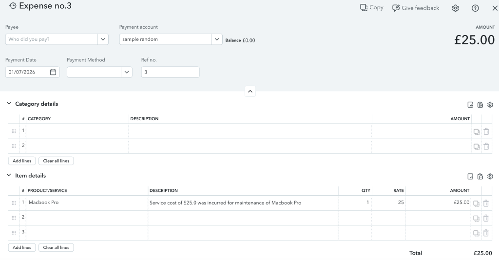 QuickBooks Online account showing the expenses associated with the Work Order.