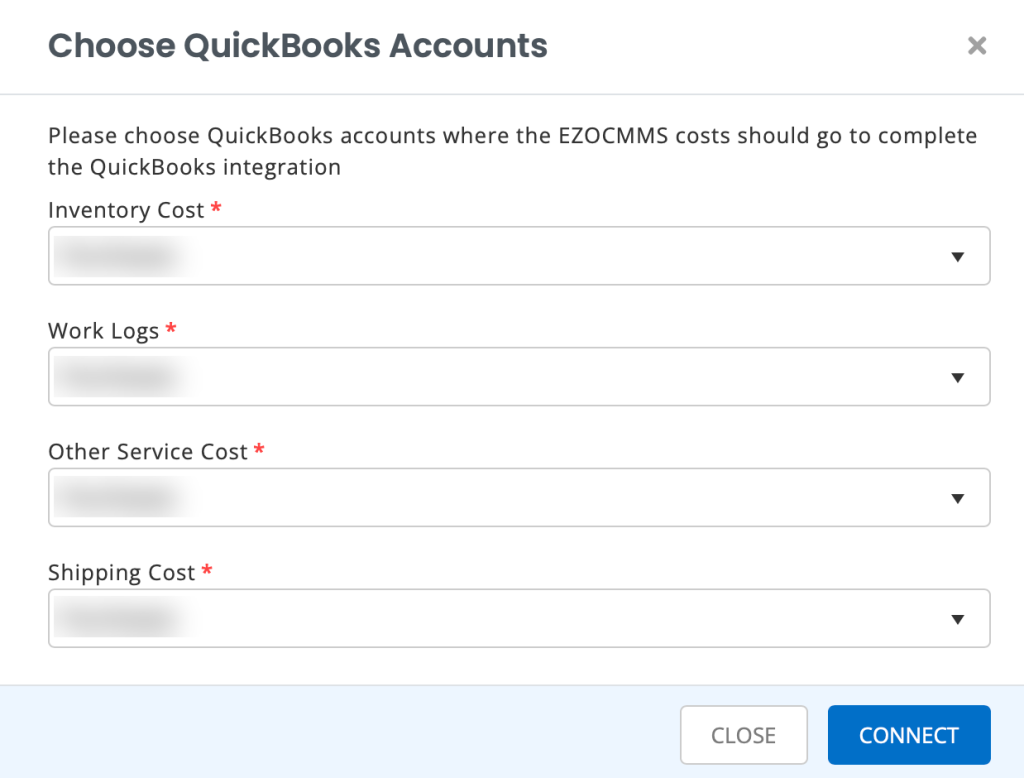 Pop-Up showing how to choose QuickBooks Chart of Account