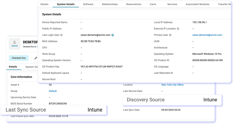 AssetSonar device discovery view showing MDM-imported assets, locations, source details, and status.