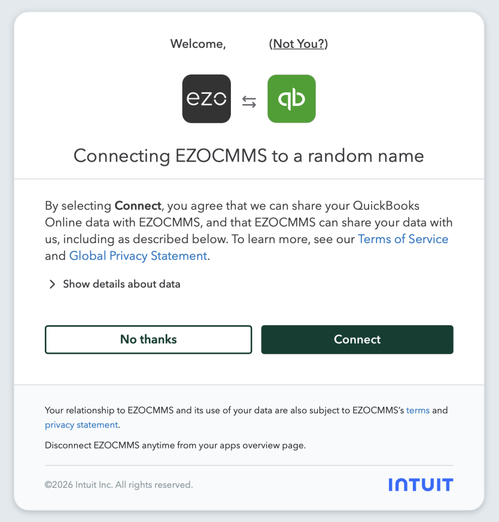Intuit App Center pop-up showing how to connect EZO with QuickBooks Online