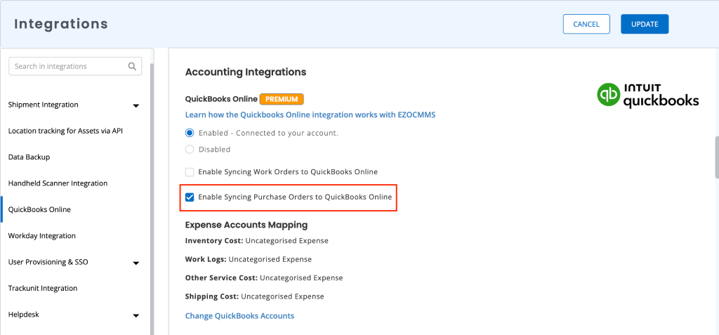Integrations page showing how to enable purchase order syncing for QuickBooks Online
