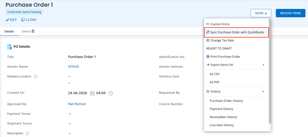 Purchase Order page showing how to sync purchase orders with QuickBooks