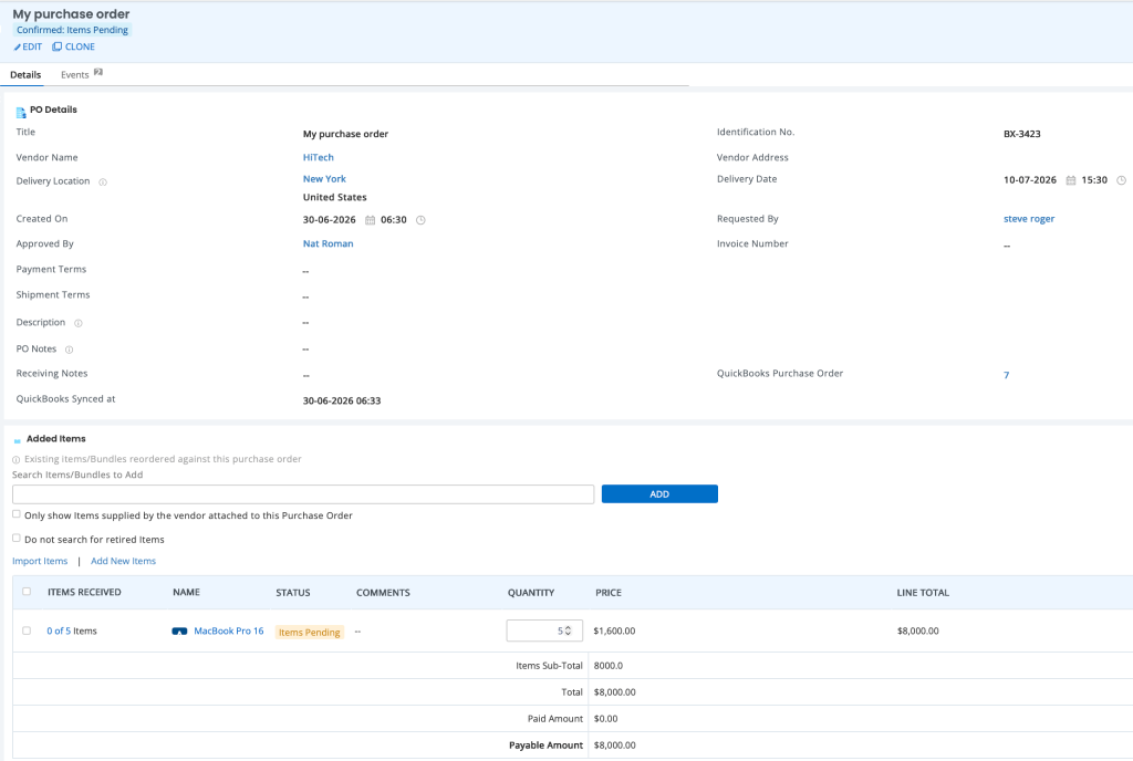 Purchase Order showing a successful sync with QuickBooks
