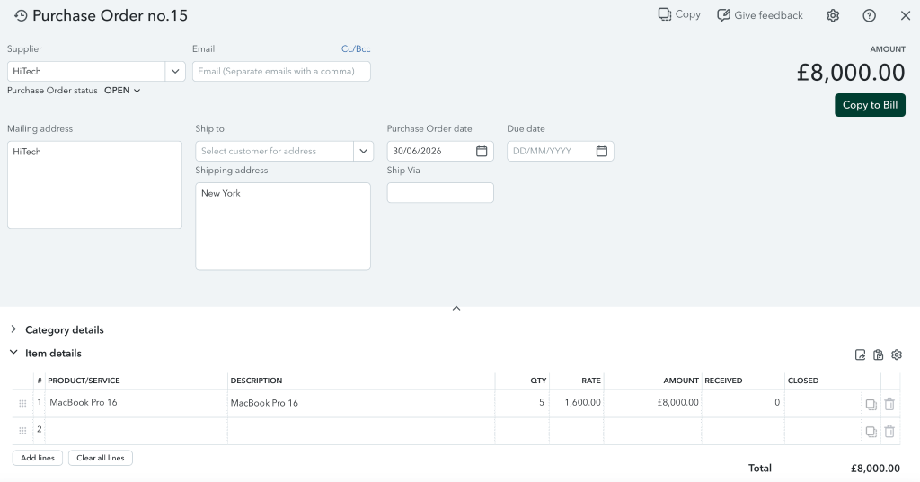 QuickBooks showing a successful sync with Purchase Order in EZO