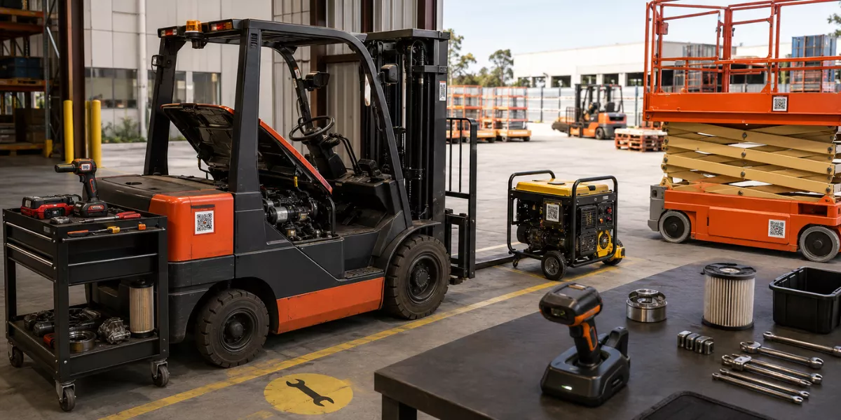 QR-tagged forklift, generator, tools, and scissor lift arranged in an equipment maintenance yard