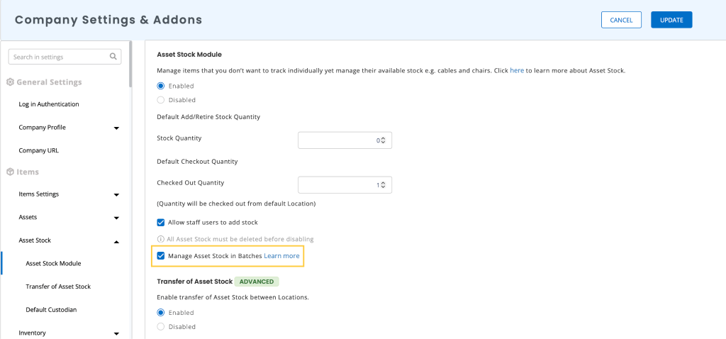 Asset stock setting showing the option to manage asset stock in batches.
