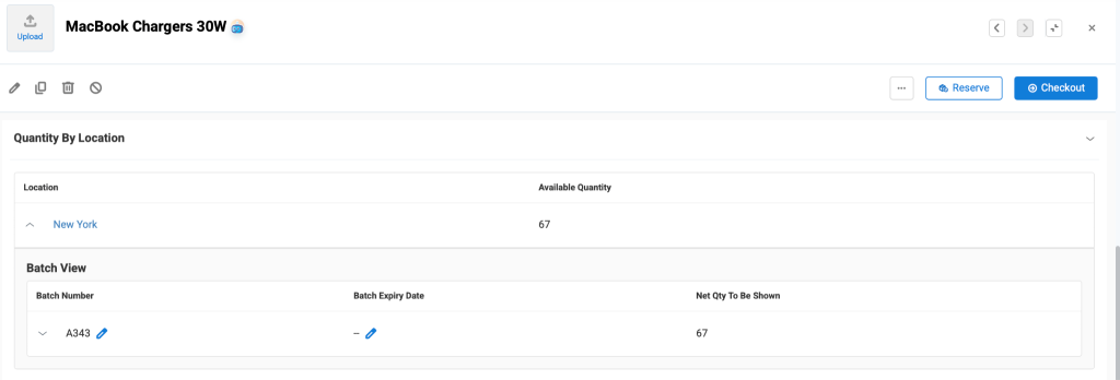 Asset stock page showing the quantity by location.