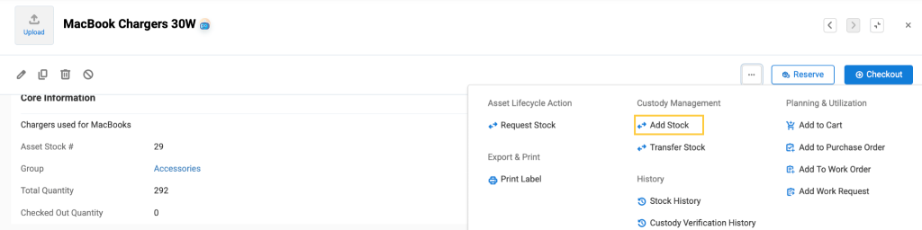 Asset stock page showing the option to add stock.