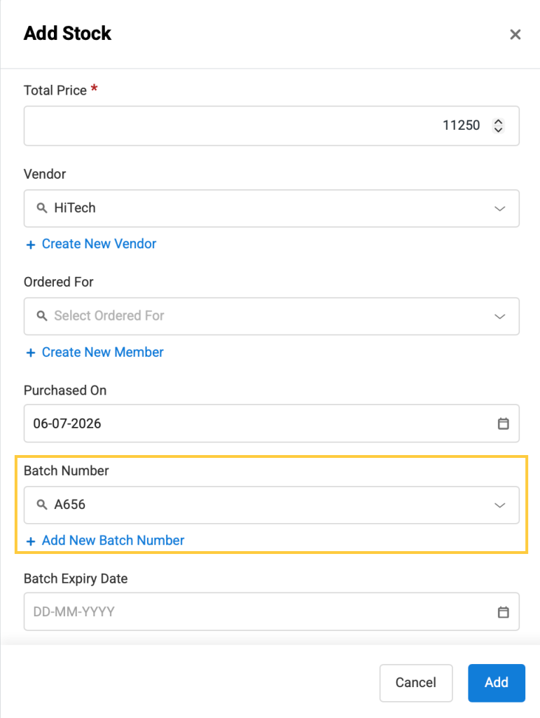 Asset stock page showing the option to add batch number while creating stock.