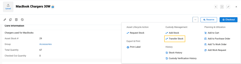 Asset stock page showing the option to transfer stock.