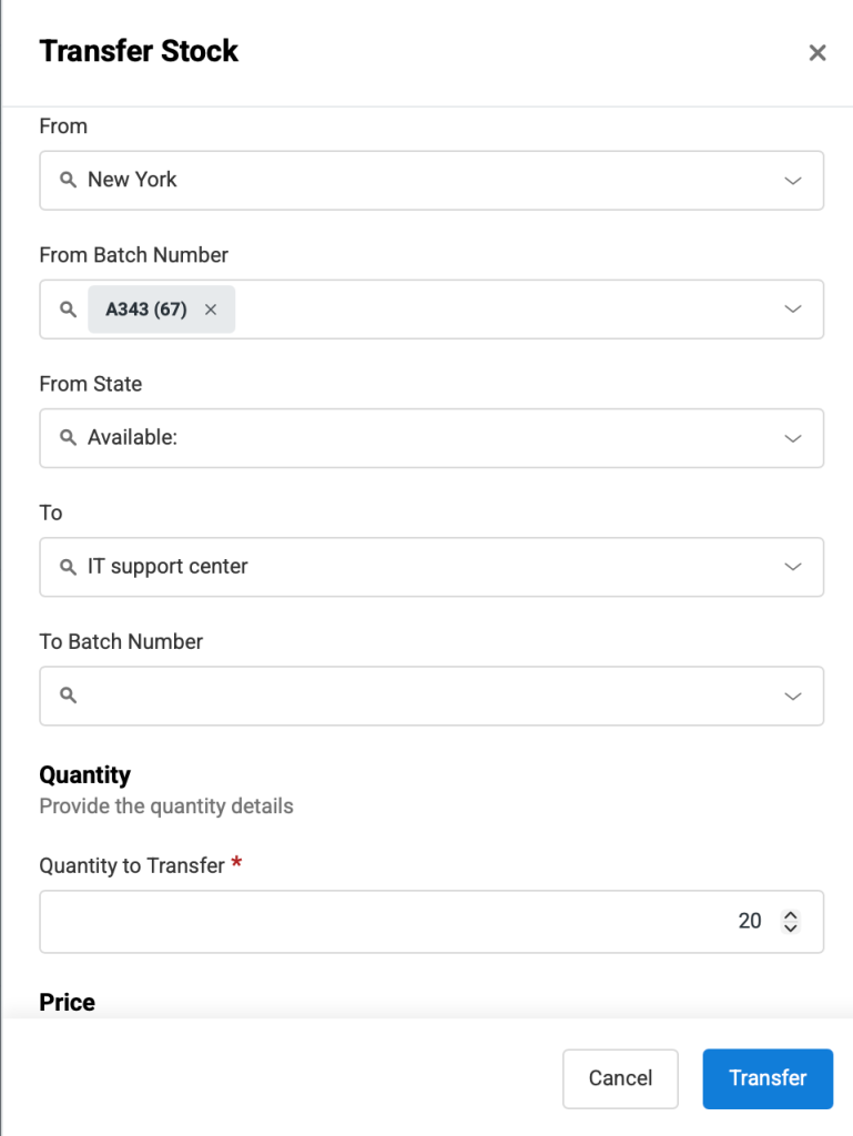 Asset stock page showing how to transfer stock from a specific batch.