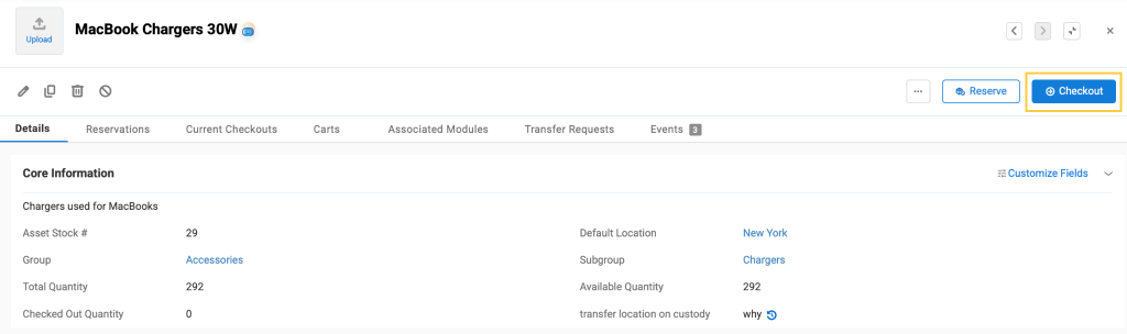 Asset stock page showing the option to checkout stock.