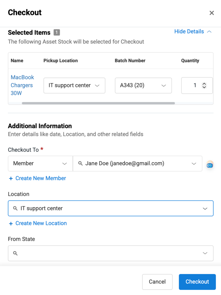 Asset stock page showing how to checkout items from a specific batch.