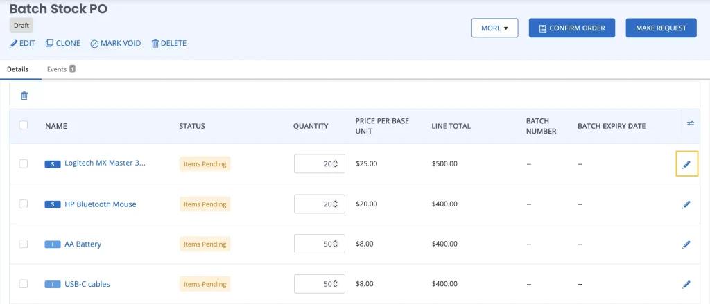 Purchase Order showing the edit (pencil) icon.
