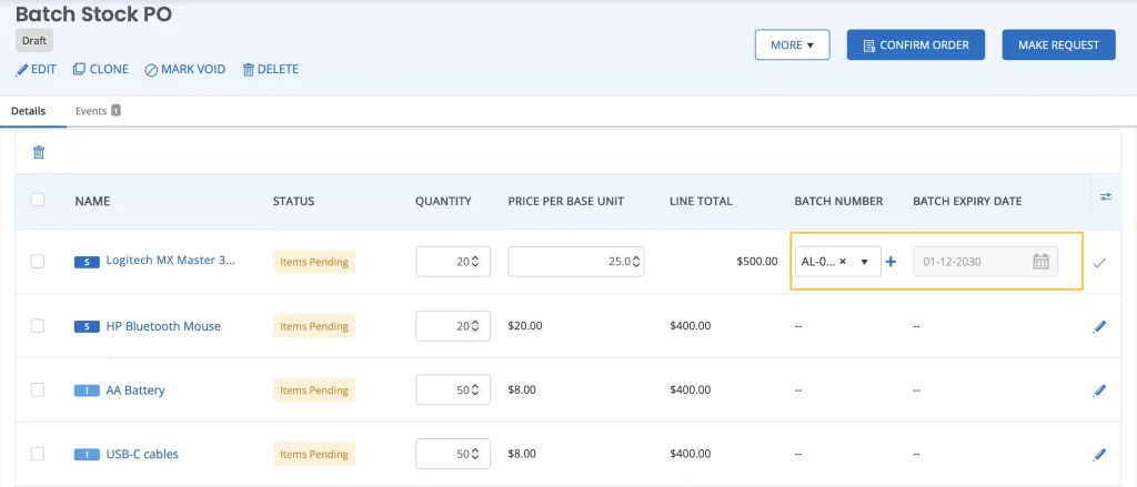 Purchase Order showing the Batch number and Batch expiry date.