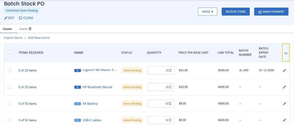 Purchase Order showing the customise column icon.