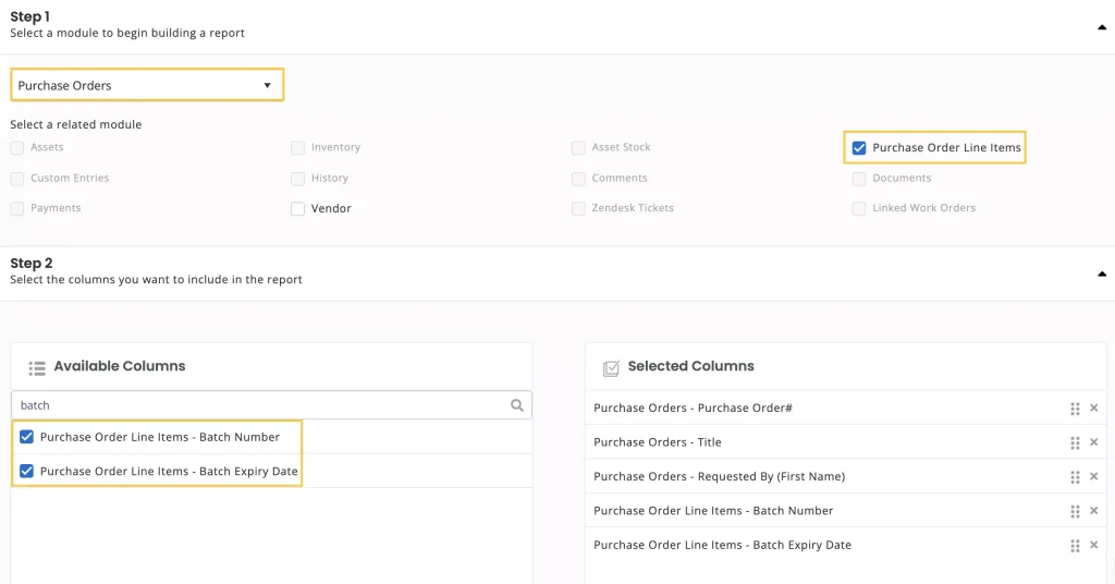 Custom report showing the Batch Number and Batch Expiry Date for PO line items.